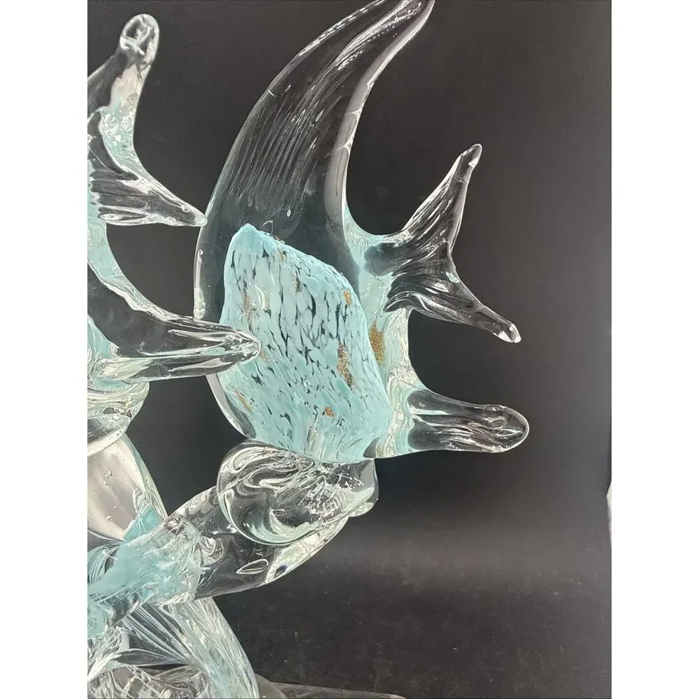 Vintage Murano Style Art Glass Double Angelfish on Wave Sculpture Blue Clear